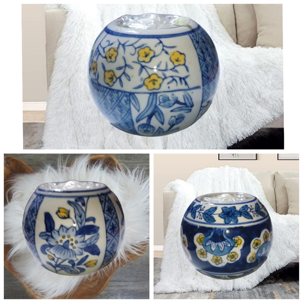 Centrum ~Ceramic Ball Tealight Holders White, Blue with Flowers & Candle NWT